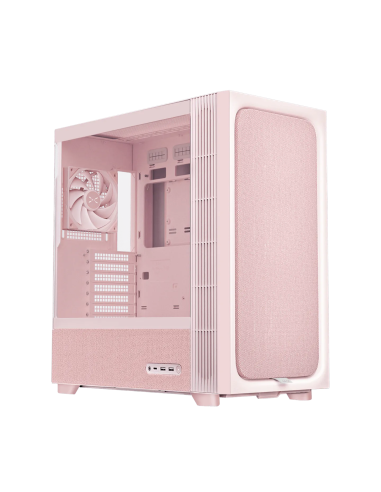 Pink ATX mid-tower PC case with mesh front panel and tempered glass side, ideal for custom builds