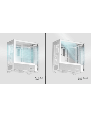 White PC case with air-cooled and liquid-cooled modes, showcasing internal cooling airflow for IT hardware