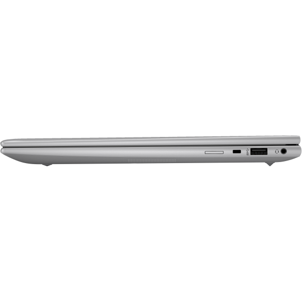Silver laptop side view showing ports and slim design for business use