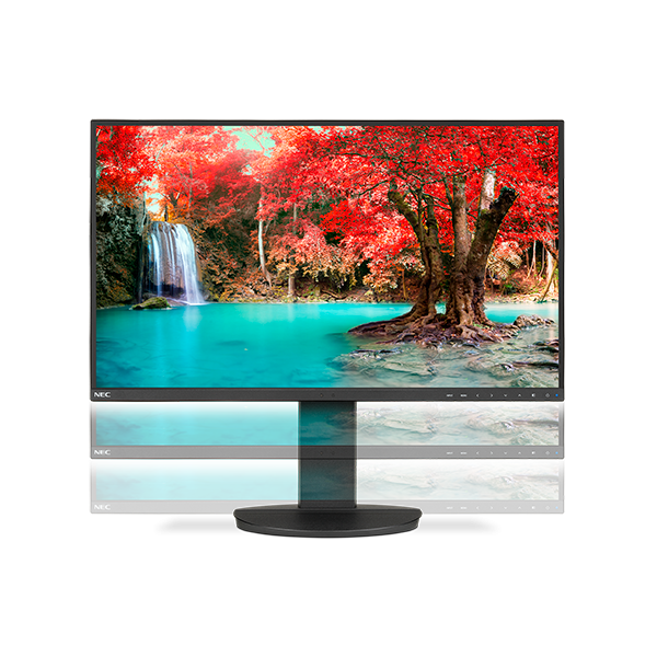 NEC monitor displaying vibrant autumn forest with waterfall, ideal for business and resellers