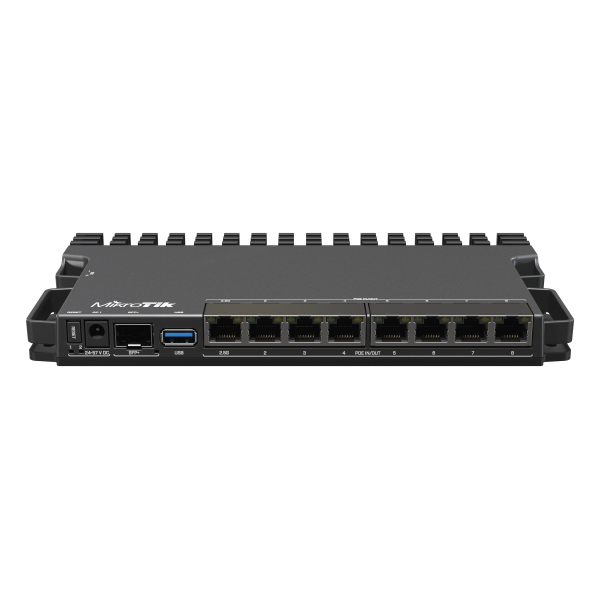 MikroTik RouterBORD 5009UPr+S+IN with Marvell Armada ARMv8 CPU (4-cores, 1.4GHz per core), 1GB of DDR4 RAM, 1GB NAND storage, 1x 2.5Gbit LAN (802.3af/at PoE-out and POE-in), 7x 1Gbit LAN (802.3af/at P [RB5009UPr+S+IN]