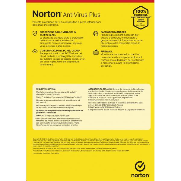 NORTON ANTIVIRUS PLUS 2GB IT 1 USER 1 DEVICE 1Y VECCHIO CODICE 21397559 [21429118]