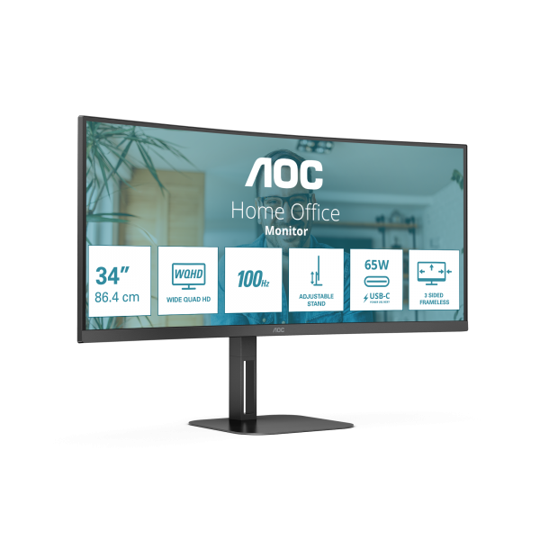 AOC MONITOR CURVO 34 LED VA WQHD 21:9 4MS 300 CDM, REG ALTEZZA, USB-C DOCK, DP/HDMI, MULTIMEDIALE, S [CU34V5C/BK_D]