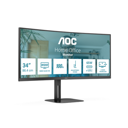 AOC MONITOR CURVO 34 LED VA WQHD 21:9 4MS 300 CDM, REG ALTEZZA, USB-C DOCK, DP/HDMI, MULTIMEDIALE [CU34V5C/BK]