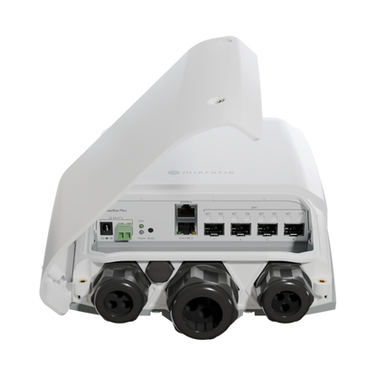 MikroTik, FiberBox Plus CRS305-1G-4S+OUT with 800MHz CPU, 256MB RAM, 1xGigabit LAN, 4 x SFP+ cages, RouterOS L5 or SwitchOS (dual boot), IP66 compliant outdoor enclosure, mounting kit, PSU, PoE inject [CRS305-1G-4S+OUT]