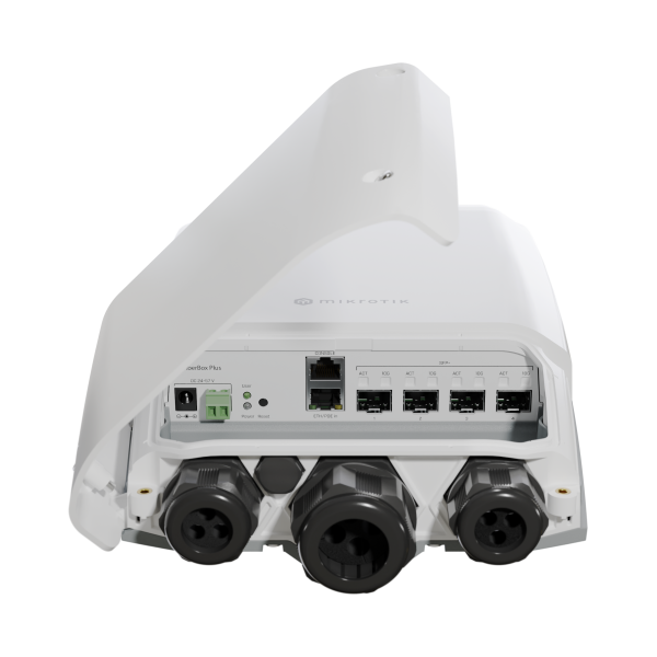 MikroTik, FiberBox Plus CRS305-1G-4S+OUT with 800MHz CPU, 256MB RAM, 1xGigabit LAN, 4 x SFP+ cages, RouterOS L5 or SwitchOS (dual boot), IP66 compliant outdoor enclosure, mounting kit, PSU, PoE inject [CRS305-1G-4S+OUT]