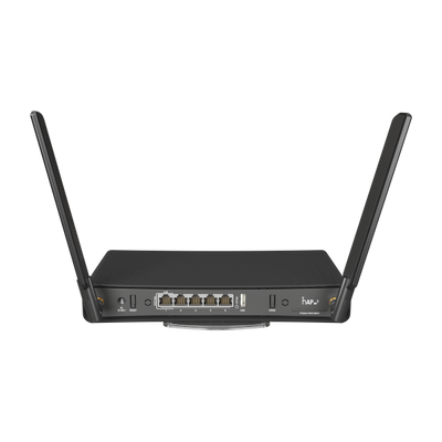 MikroTik, hAP ax with 4-core 1.8 GHz CPU, 1GB RAM, 4 x Gbit LAN, 1 x 2.5 Gbit LAN (supports PoE-in/out), two wireless interfaces (built-in 2.4 GHz 802.11b/g/n/ax dual-chain, built-in 5 GHz 802.11a/n/ [C53UiG+5HPaxD2HPaxD]