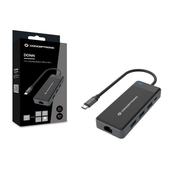 Conceptronic 7-in-1 Docking Station USB 3.2 Gen 1 - MST - HDMI x 2 - USB 3.0 x 3 - GbE - 100W USB PD [DONN14G]