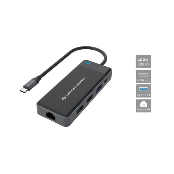 Conceptronic 7-in-1 Docking Station USB 3.2 Gen 1 - MST - HDMI x 2 - USB 3.0 x 3 - GbE - 100W USB PD [DONN14G]