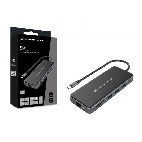 Conceptronic 12-in-1 Docking Station USB 3.2 Gen 1 - MST - HDMI x 2 - VGA - USB-C Data - USB 3.0 x 2 - USB 2.0 - SD - TF/MicroSD - Audio - Gb [DONN15G]