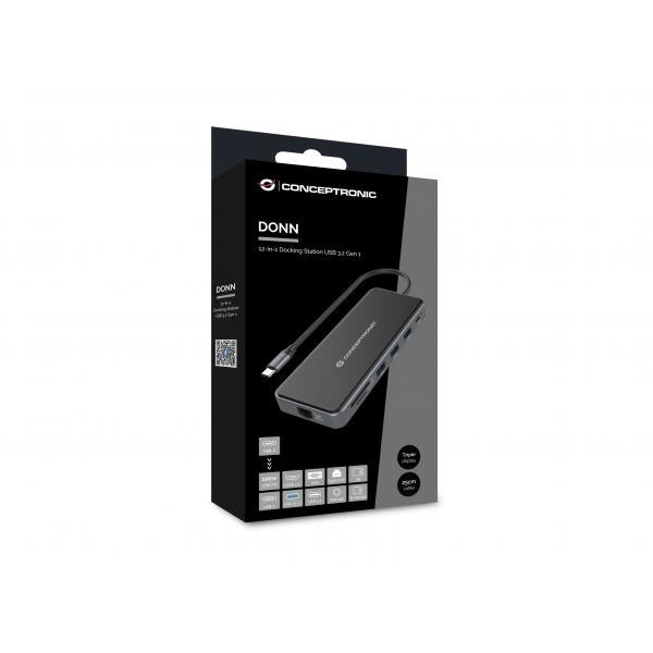 Conceptronic 12-in-1 Docking Station USB 3.2 Gen 1 - MST - HDMI x 2 - VGA - USB-C Data - USB 3.0 x 2 - USB 2.0 - SD - TF/MicroSD - Audio - Gb [DONN15G]