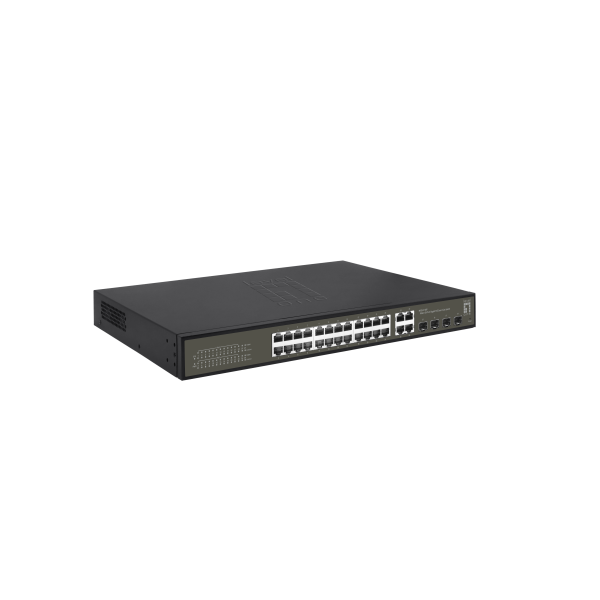 Level One Hilbert 28-Port Gigabit PoE Smart Lite Switch - 24 PoE Outputs - 4 x Gigabit SFP/RJ45 Combo - 802.3at/af PoE - 380W PoE Power Bu [GES-2128P]