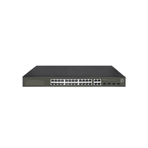Level One Hilbert 28-Port Gigabit PoE Smart Lite Switch - 24 PoE Outputs - 4 x Gigabit SFP/RJ45 Combo - 802.3at/af PoE - 380W PoE Power Bu [GES-2128P]