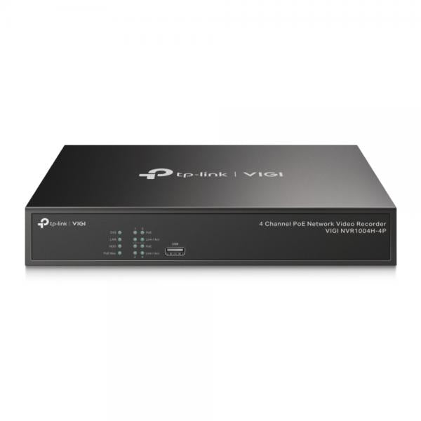 TP-Link - VIGI NVR1004H-4P - 4 Channel PoE Network Video Recorder, 4x 10/100 Mbps PoE+ Ports, Max Output 53W, 802.3 af/at,1x SATA Interface (up to 10 TB), 2x USB 2.0, 53.5V DC/1.31A, 1x VGA port & 1x [VIGINVR1004H-4P]