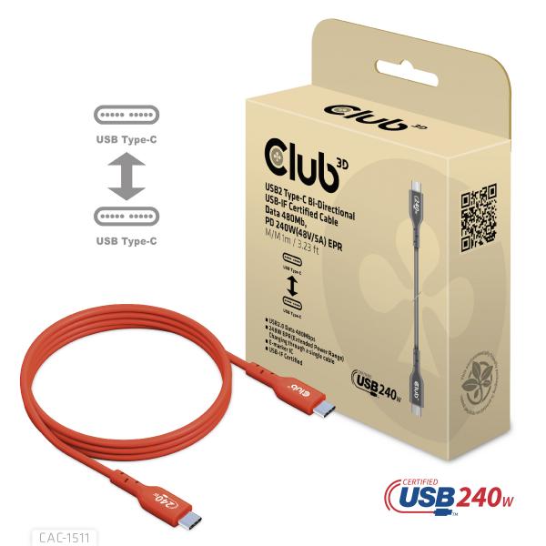CLUB3D CAVO USB2 TYPE-C BI-DIRECTIONAL USB-IF CERTIFIED CABLE DATA 480MB PD 240W(48V/5A) EPR M/M 1M [CAC-1511]