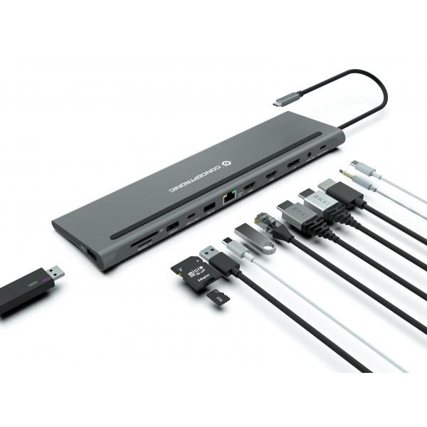 Conceptronic 12-in-1 USB 3.2 Gen 1 Docking Station - MST - Triple 4K Display - 100W USB PD - HDMI x 2 - DisplayPort - GbE LAN - USB-A 3.0 x 2 [DONN17G]