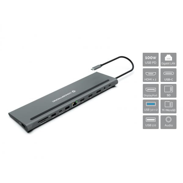 Conceptronic 12-in-1 USB 3.2 Gen 1 Docking Station - MST - Triple 4K Display - 100W USB PD - HDMI x 2 - DisplayPort - GbE LAN - USB-A 3.0 x 2 [DONN17G]