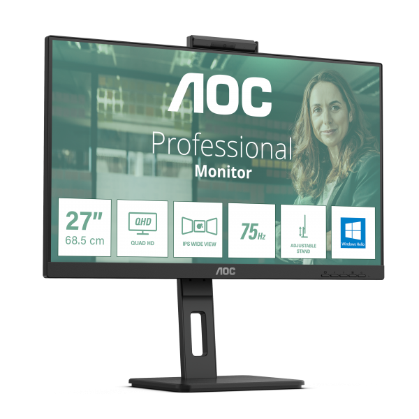 AOC MONITOR 27 LED IPS QHD 16:9 4MS 350 CDM, WEBCAM, USB-C, PIVOT, DP/2HDMI, MULTIMEDIALE [Q27P3CW]