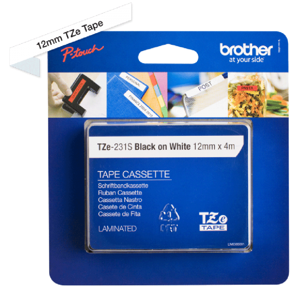 BROTHER NASTRO LAMINATO H12MM NERO SU BIANCO 4 M LUNGHEZZA [TZE231S]