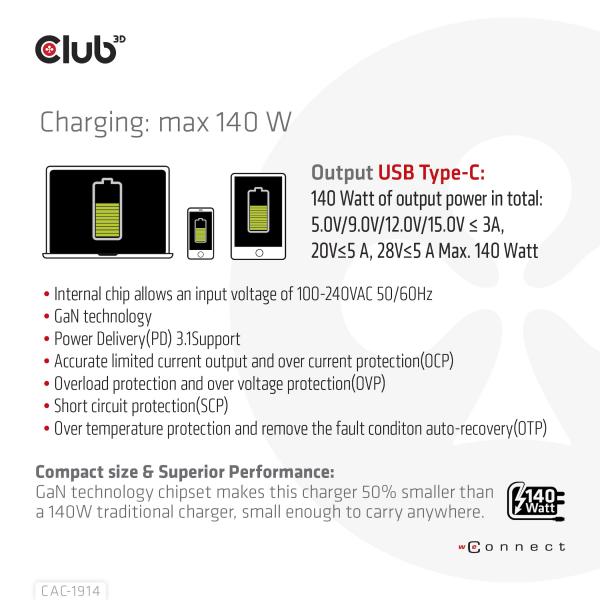CLUB3D TRAVEL CHARGER 140 WATT GaN TECHNOLOGY SINGLE PORT USB TYPE-C POWER DELIVERY(PD) 3.1 SUPPORT [CAC-1914EU]