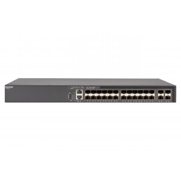 RUCKUS ICX 8200 Switch, 2410/100/1000 Mbps SFP ports, 425 GbE SFP28 stacking/uplink-ports, three-year remote TAC support. Power cord not included. TAA [ICX8200-24F]