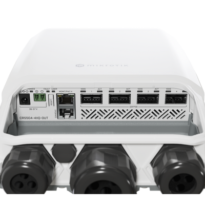 MikroTik - Cloud Router Switch 504-4XQ-OUT with QCA9531 650 MHz CPU, 128 MB RAM, 16 x 25G port 98DX4310 switch chip, 4 x 100G QSFP28 ports, 1 x 100Mbit Eth port for management, RouterOS L5, IP66 compl [CRS504-4XQ-OUT]