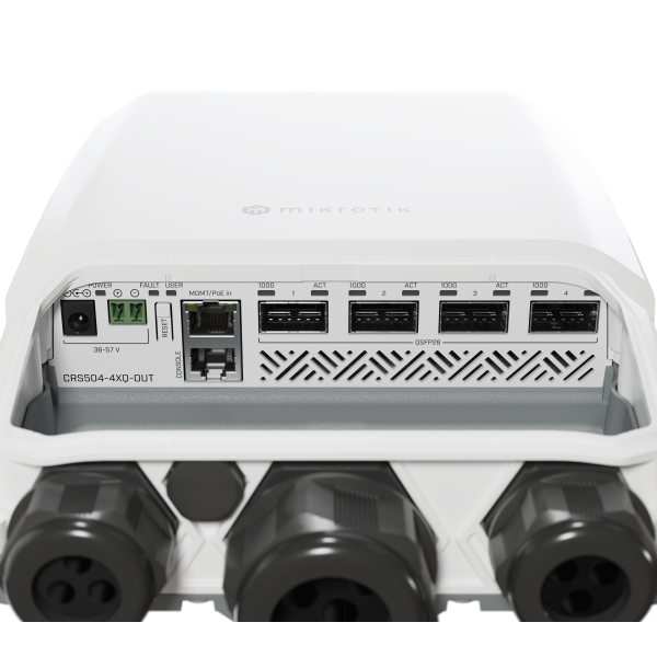 MikroTik - Cloud Router Switch 504-4XQ-OUT with QCA9531 650 MHz CPU, 128 MB RAM, 16 x 25G port 98DX4310 switch chip, 4 x 100G QSFP28 ports, 1 x 100Mbit Eth port for management, RouterOS L5, IP66 compl [CRS504-4XQ-OUT]