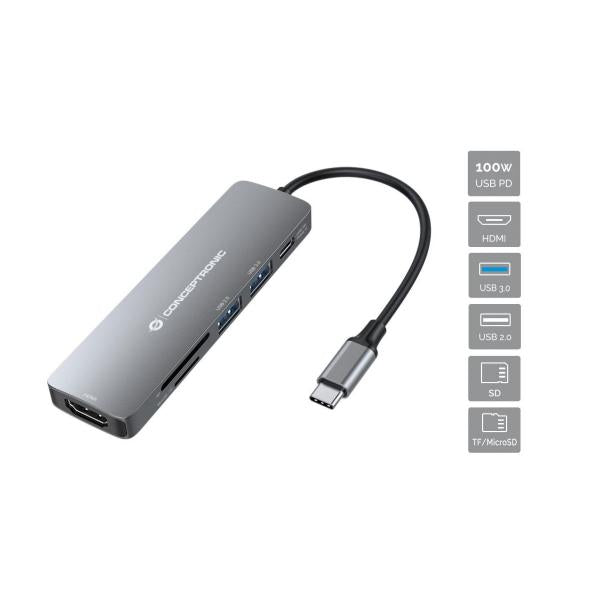 Conceptronic 6-in-1 USB 3.2 Gen 1 Docking Station - HDMI - 100W USB PD - USB 3.0 - USB 2.0 - SD - TF/MicroSD [DONN11G]