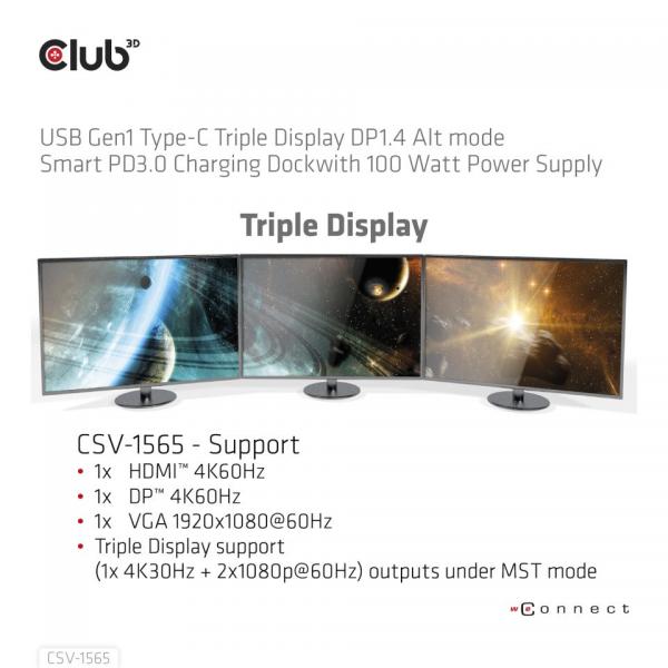 CLUB 3D DOCKING STATION USB-C GEN 1 TRIPLE DP 100W POWER SUPPLY [CSV-1565]