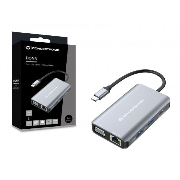 Conceptronic 7-in-1 USB 3.2 Gen 1 Docking Station - HDMI - VGA - GbE LAN - USB-A 3.0 x 3 - 100W USB PD [DONN21G]