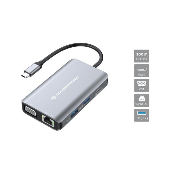 Conceptronic 7-in-1 USB 3.2 Gen 1 Docking Station - HDMI - VGA - GbE LAN - USB-A 3.0 x 3 - 100W USB PD [DONN21G]