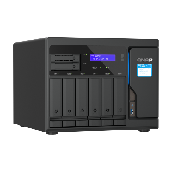 QNAP NAS - 8-Bay NAS, Intel Atom C5125 8-core/8-thread 2.8GHz processor, 8 GB UDIMM DDR4 non-ECC (1 x 8GB), 4 x UDIMM DDR4 slots with ECC supported, 6 x 2.5"/3.5" SATA HDD/SSD bays + 2 x 2.5" SATA S [TS-855X-8G]