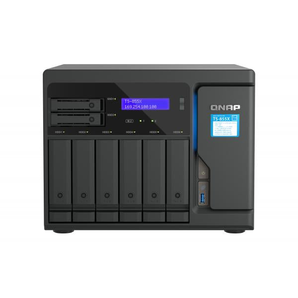 QNAP NAS - 8-Bay NAS, Intel Atom C5125 8-core/8-thread 2.8GHz processor, 8 GB UDIMM DDR4 non-ECC (1 x 8GB), 4 x UDIMM DDR4 slots with ECC supported, 6 x 2.5"/3.5" SATA HDD/SSD bays + 2 x 2.5" SATA S [TS-855X-8G]