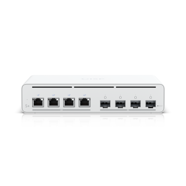Ubiquiti - UISP-S-Plus-EU - Switch for ISP application with (4) 2.5 GbE RJ45 ports with 27V passive PoE output, (4) 10G SFP+ ports, 60W (27V) total PoE availability*, 20W/port (2-pair) / 40W/port (4-p [UISP-S-Plus-EU]
