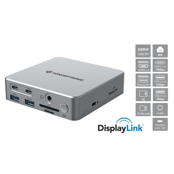 Conceptronic 15-in-1 DisplayLink USB 3.2 Gen 2 Docking Station - USB-A 5Gbps x 2 - USB-A 10Gbps x 2 - USB-C 10Gbps x 2 - HDMI x 2 - DisplayPo [DONN25G]