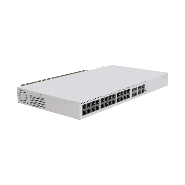 MikroTik, CloudRouterSwitch 326-4C+20G+2Q+RM with QCA9531 650MHz CPU, 128 MB RAM, 98DX8332 switch chip, 20 x 2.5G Eth ports, 4 x combo ports (10G RJ45 or SFP+), 2 x 40G QSFP+ cages, 1 x 100Mbit Eth p [CRS326-4C+20G+2Q+RM]