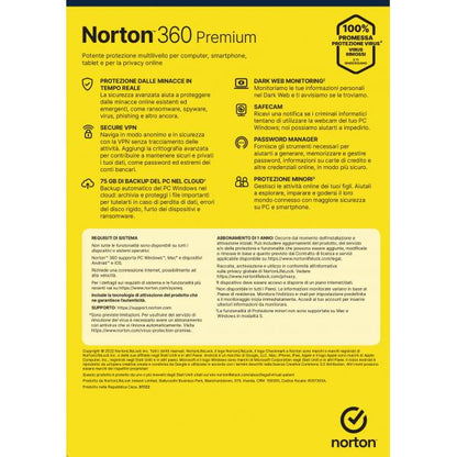 NORTON 360 PREMIUM 75GB IT 1 USER 10 DEVICE 1Y VECCHIO CODICE 21397805 [21429125]