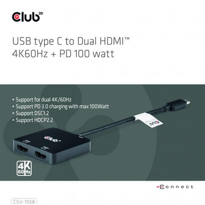 CLUB3D MST HUB TYPE C A DUAL HDMI 4K60HZ M/F + PD3.0 100 WATT [CSV-1558]