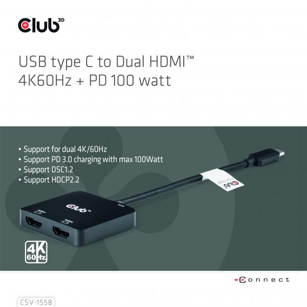 CLUB3D MST HUB TYPE C A DUAL HDMI 4K60HZ M/F + PD3.0 100 WATT [CSV-1558]