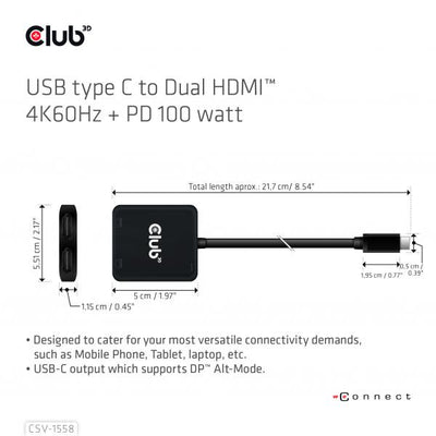 CLUB3D MST HUB TYPE C A DUAL HDMI 4K60HZ M/F + PD3.0 100 WATT [CSV-1558]
