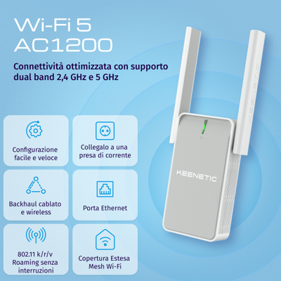 KEENETIC BUDDY 5 (KN-3311) REPEATER/EXTENDER AC1200 WI-FI EXTENDER, MESH, 1 PORTA 100 MBIT/S, MENU M [KN-3311-01-EU]