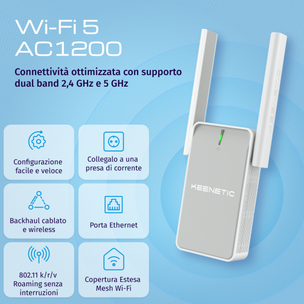 KEENETIC BUDDY 5 (KN-3311) REPEATER/EXTENDER AC1200 WI-FI EXTENDER, MESH, 1 PORTA 100 MBIT/S, MENU M [KN-3311-01-EU]