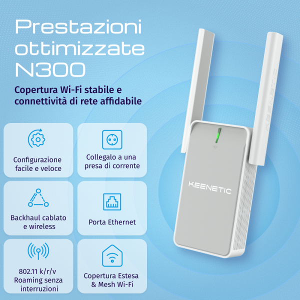 KEENETIC BUDDY 4 (KN-3211) REPEATER/EXTENDER N300 WI-FI EXTENDER, MESH, 1 PORTA 100 MBIT/S, MENU MUL [KN-3211-01-EU]