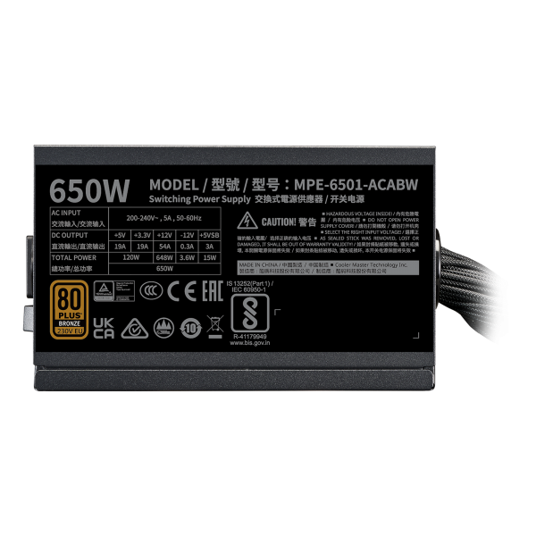 COOLER MASTER ALIMENTATORE MWE BRONZE 650 V3 650W 80+ BRONZE ATX 3.1 120MM FAN [MPE-6501-ACABW-3BEU]