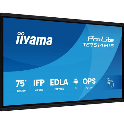 iiyama PROLITE TE7514MIS-B2AG Pannello piatto per segnaletica digitale 190,5 cm (75") LCD Wi-Fi 435 cd/m 4K Ultra HD Nero Touch screen Processore integrato Android 24/7 [TE7514MIS-B2AG]