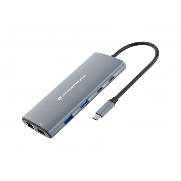 Conceptronic 10-in-1 USB 3.2 Gen 1 Docking Station - HDMI - 100W USB PD - USB-C 5Gbps x 2 - USB-A 5Gbps x 3 - SD - TF/MicroSD - GbE [DONN06G]