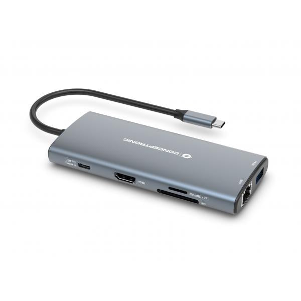 Conceptronic 10-in-1 USB 3.2 Gen 1 Docking Station - HDMI - 100W USB PD - USB-C 5Gbps x 2 - USB-A 5Gbps x 3 - SD - TF/MicroSD - GbE [DONN06G]