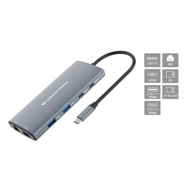 Conceptronic 10-in-1 USB 3.2 Gen 1 Docking Station - HDMI - 100W USB PD - USB-C 5Gbps x 2 - USB-A 5Gbps x 3 - SD - TF/MicroSD - GbE [DONN06G]