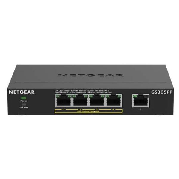 NETGEAR GS305PP Non gestito Gigabit Ethernet (10/100/1000) Supporto Power over Ethernet (PoE) Nero [GS305PP-300EUS]