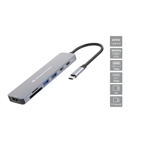 Conceptronic 7-in-1 USB 3.2 Gen 1 Docking Station - 4K60Hz HDMI - USB-A 5Gbps x 2 - USB-C 5Gbps - SD - TF/MicroSD - 100W USB PD [DONN28G]
